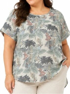 C&C California 100% Linen Tropical Print Top Size 1X